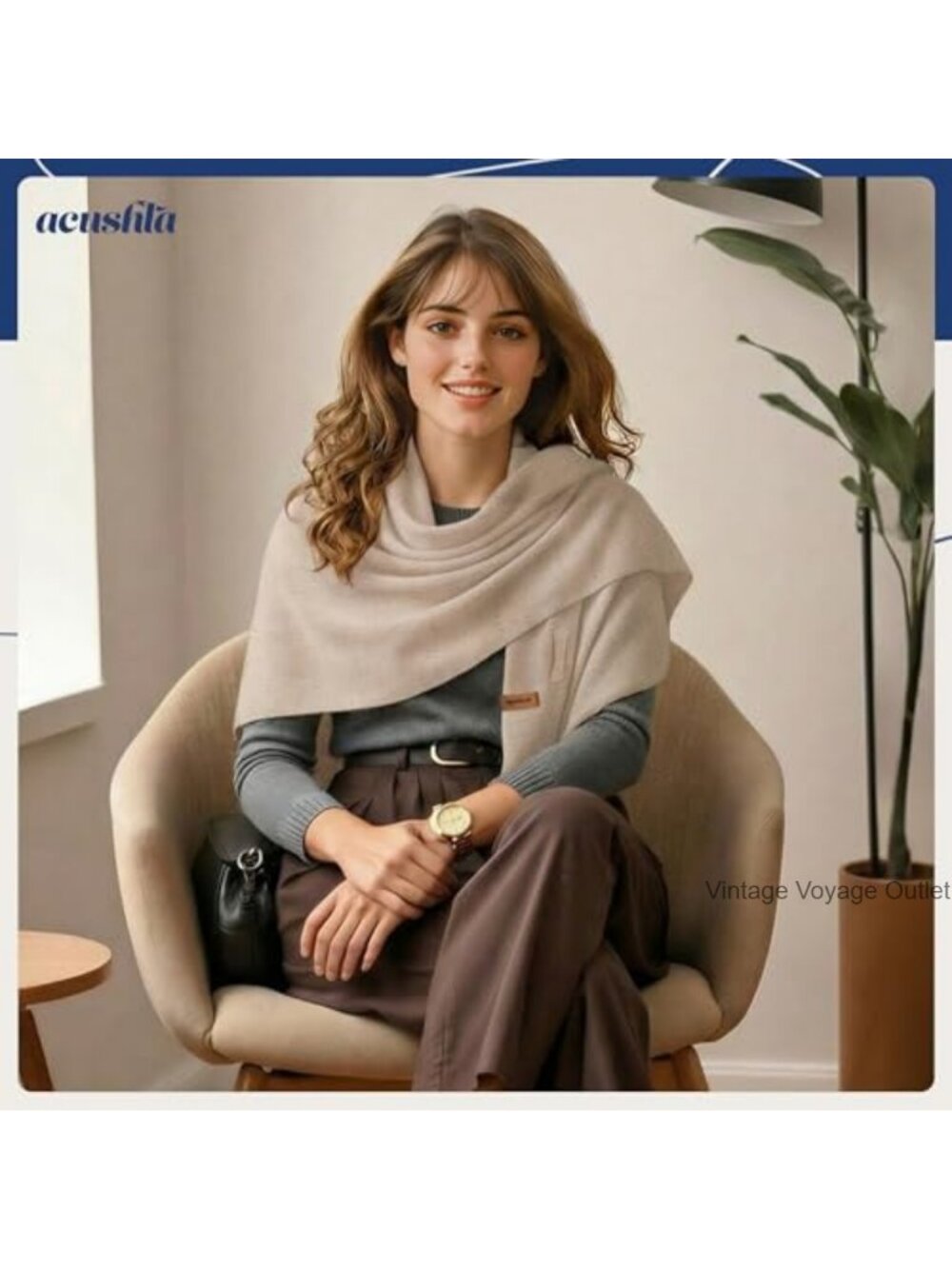 100% Merino Wool Shawl Wrap Triangle Pashmina Scarf Loop Closure - Picture 4 of 5